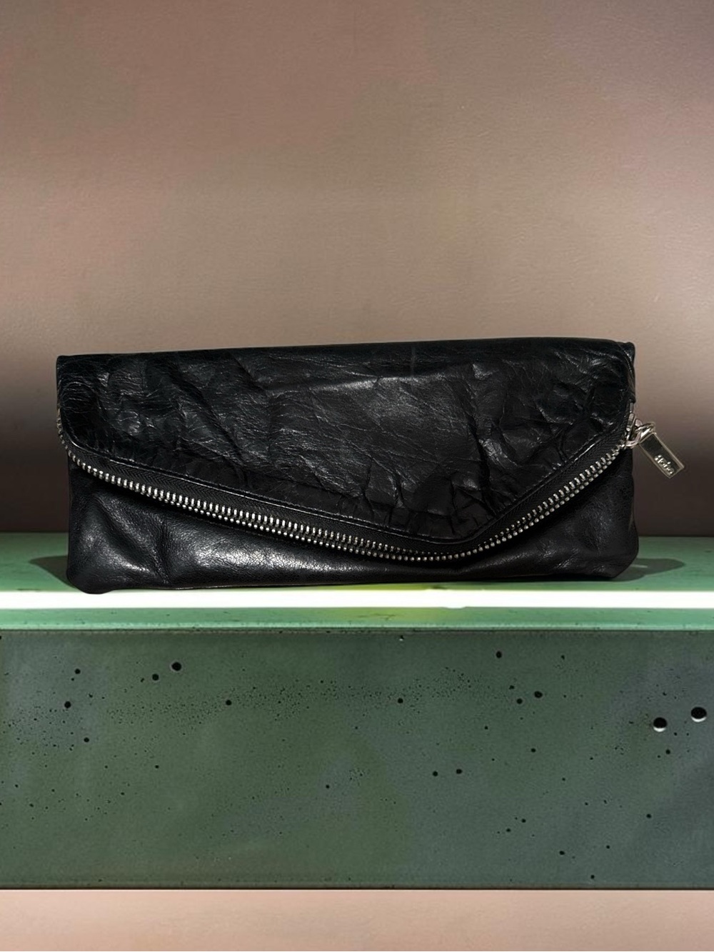 Vintage HOBO Black Leather Clutch Wristlet Zip Envelope Bag
